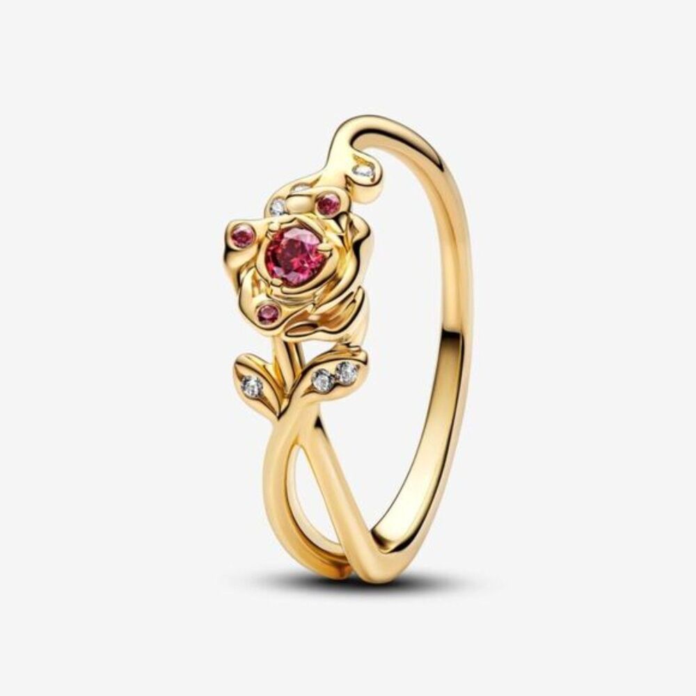 Disney Beauty and the Beast Rose Ring – Red Rose Center Stone, Openwork Leaves